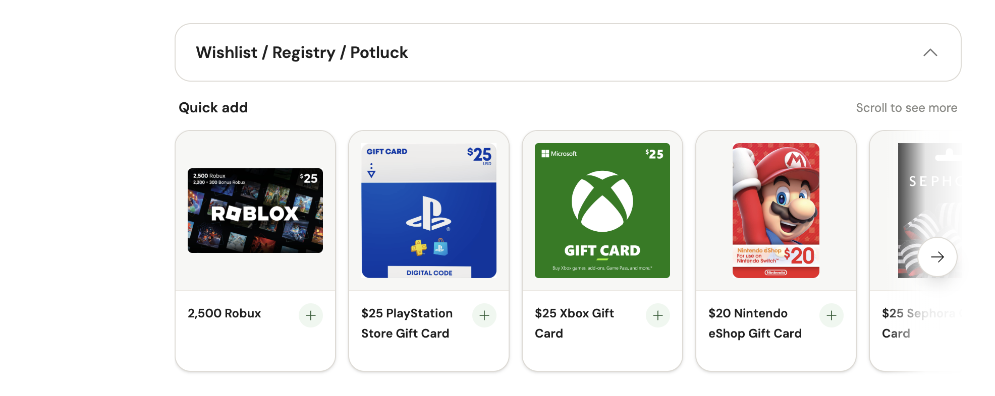Gift card quick add feature on invitations