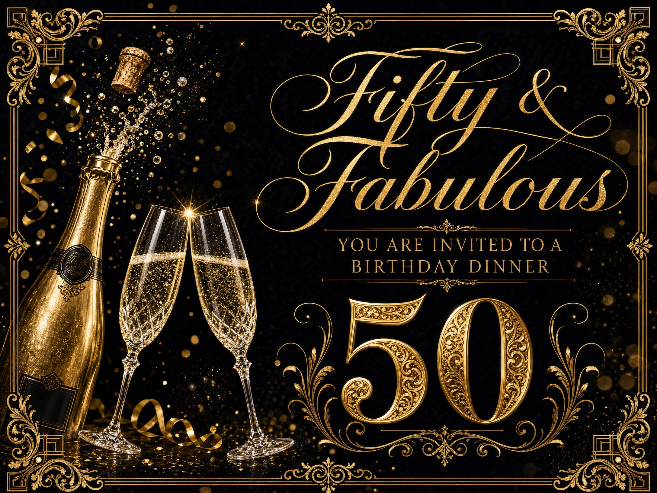 An elegant 50th birthday dinner invitation with black & gold and champagne.