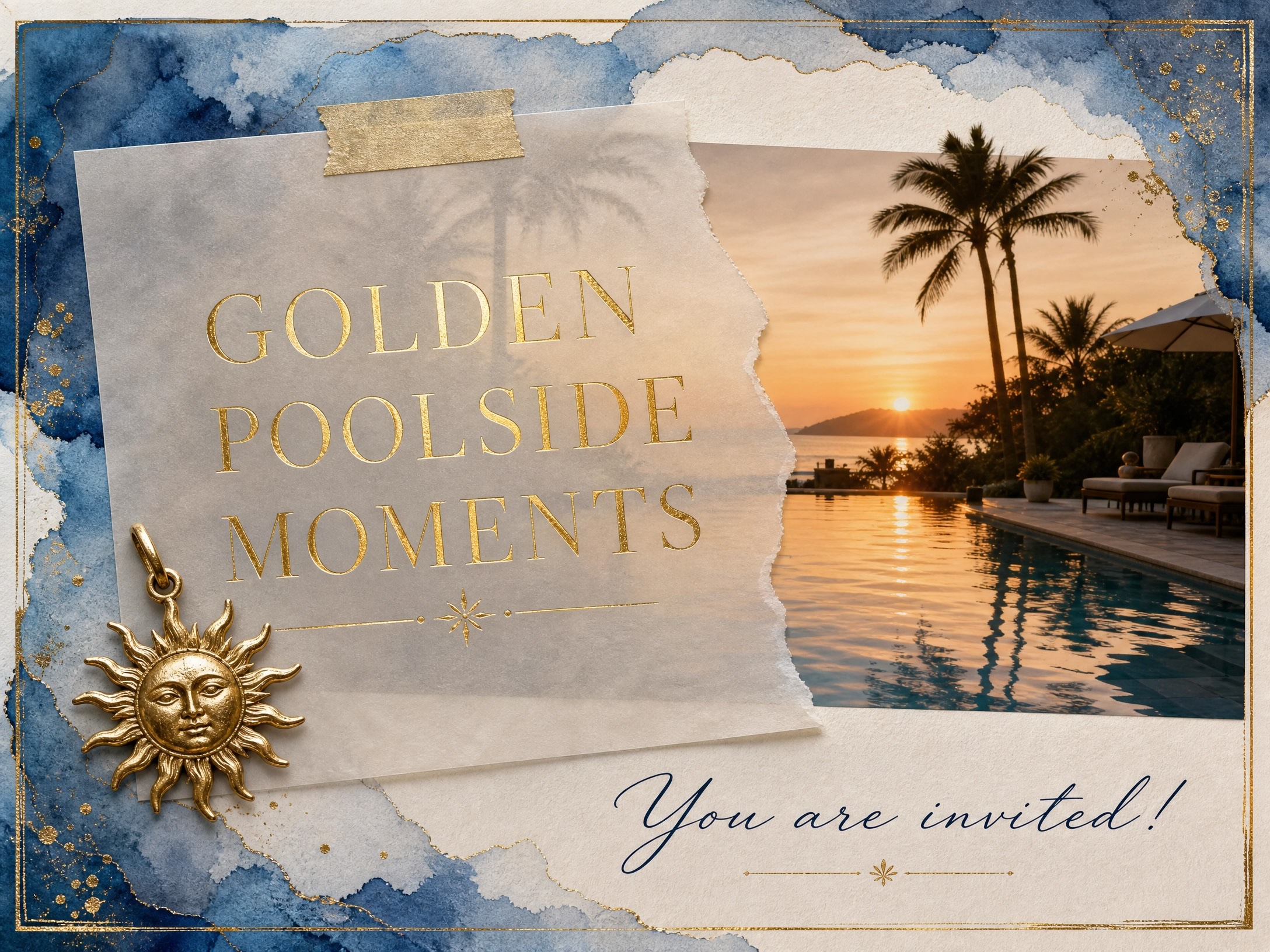 collage style pool party invitation with wording