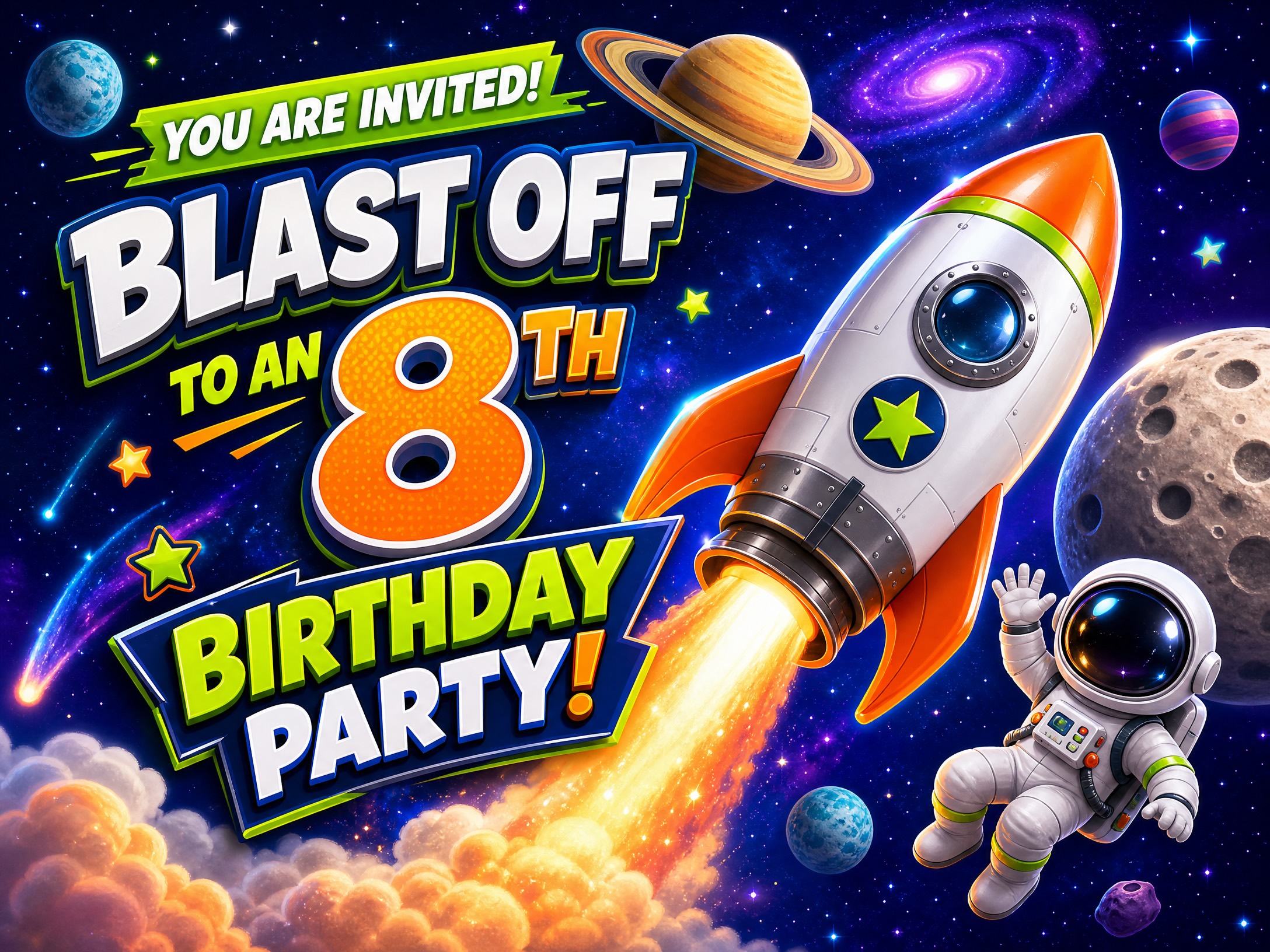 A colorful outer-space birthday invitation for an eight-year-old boy