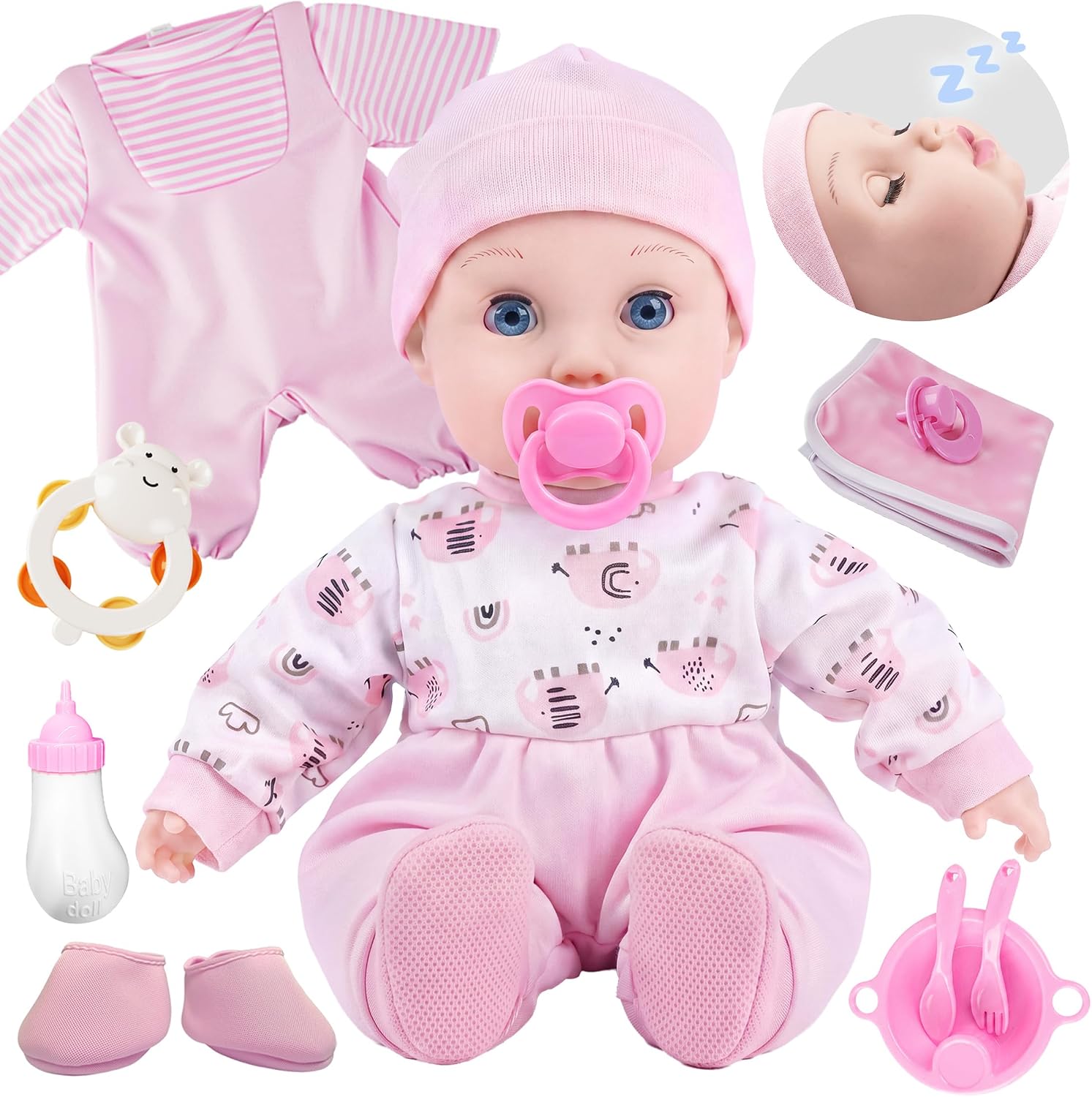 pink baby doll with open close eyes