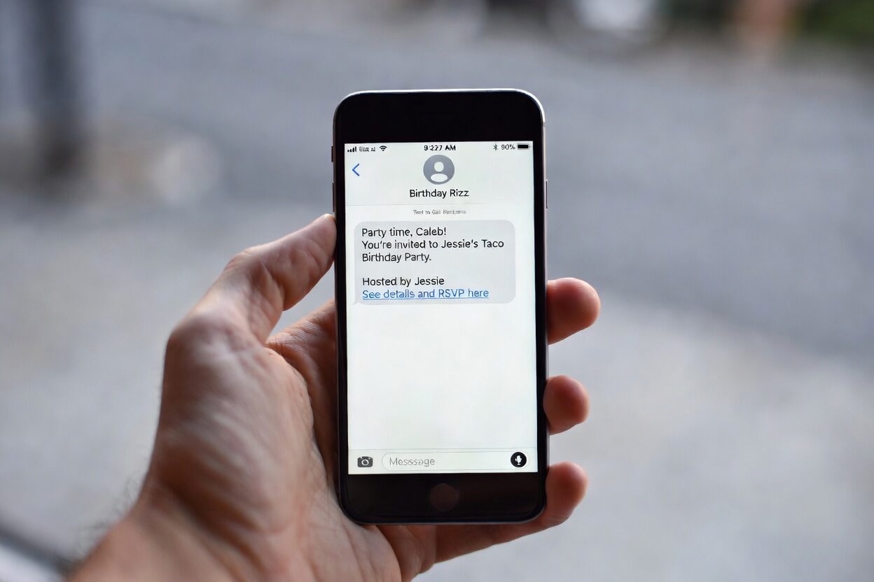 personalized text message invitation on the phone