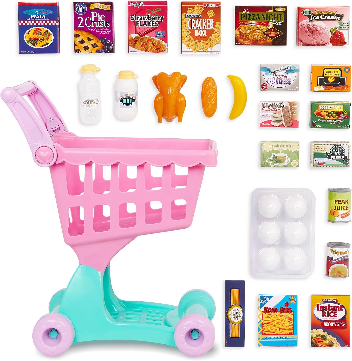 pink play shopping cart with toy groceries