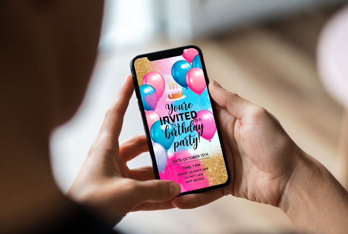 woman holding a phone with personalized birthday invitation on the screen