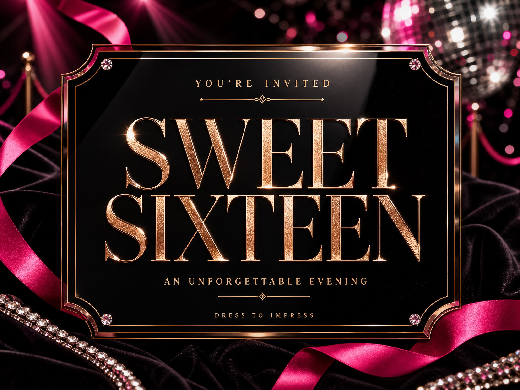 glamorous sweet 16 black and pink invitation