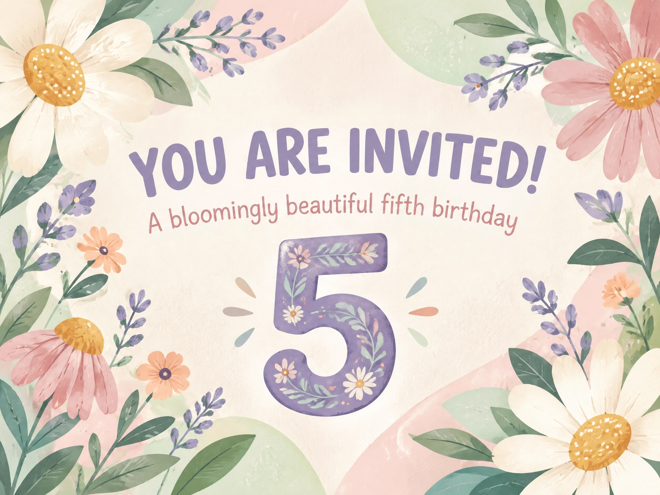 Beautiful Five — 5th Birthday, Purple, Floral, Flowers