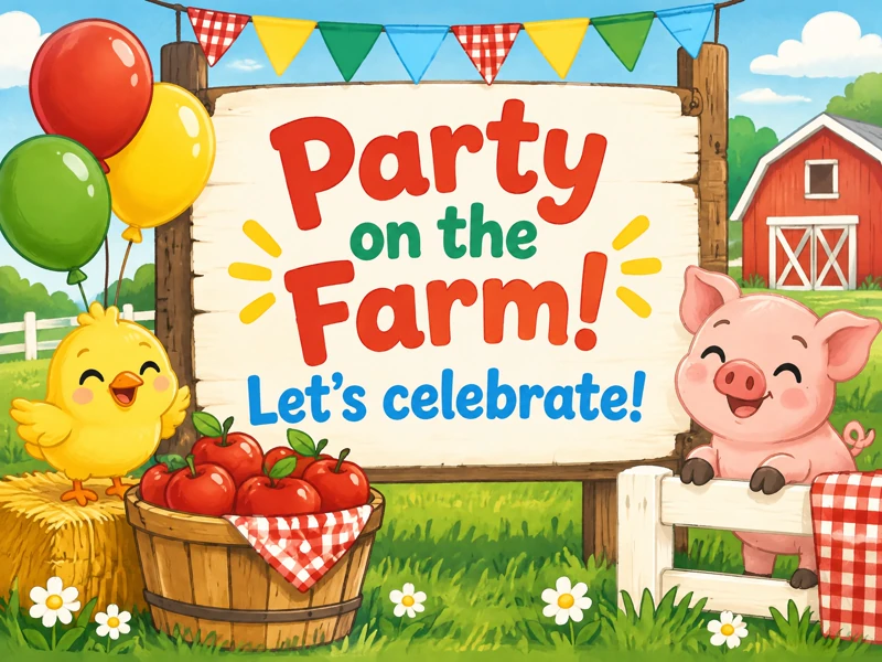 Party On The Farm — Farm, Chicken, Balloons, Barn, Pig, Kids Birthday Invitation
