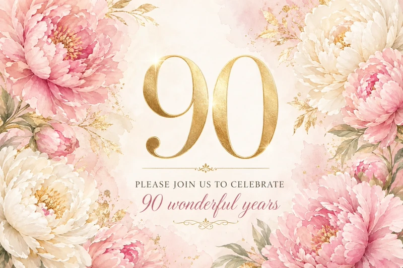 Loving 90 — 90th Birthday, Ninety, Ninetieth, Flowers, Peony