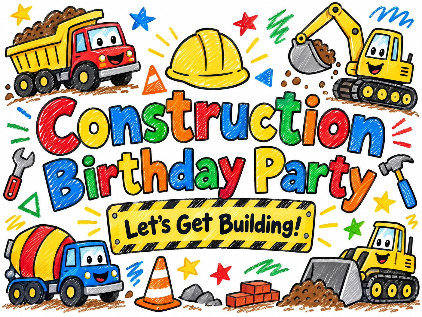 Construction In Colors — Construction, Birthday Invite, Truck, Bulldozer