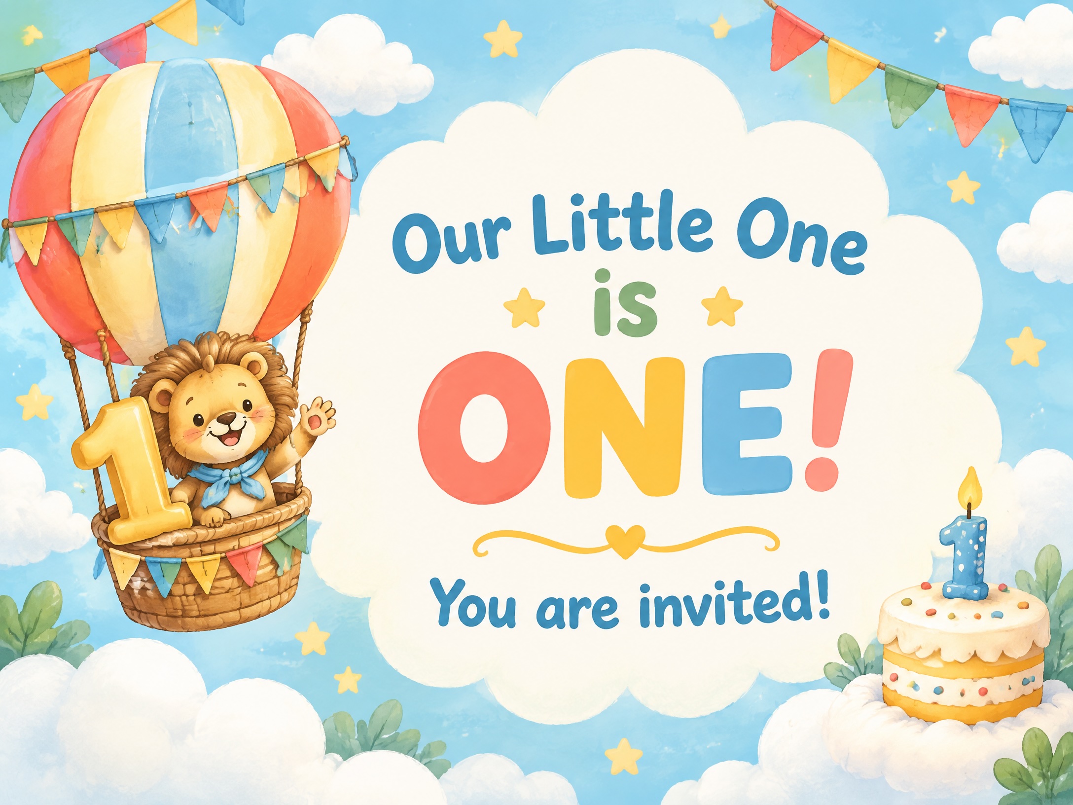 One Little One Is One — Sweet One, Hot Air Balloon, Lion, Cake, First Birthday, 1st Birthday Invite
