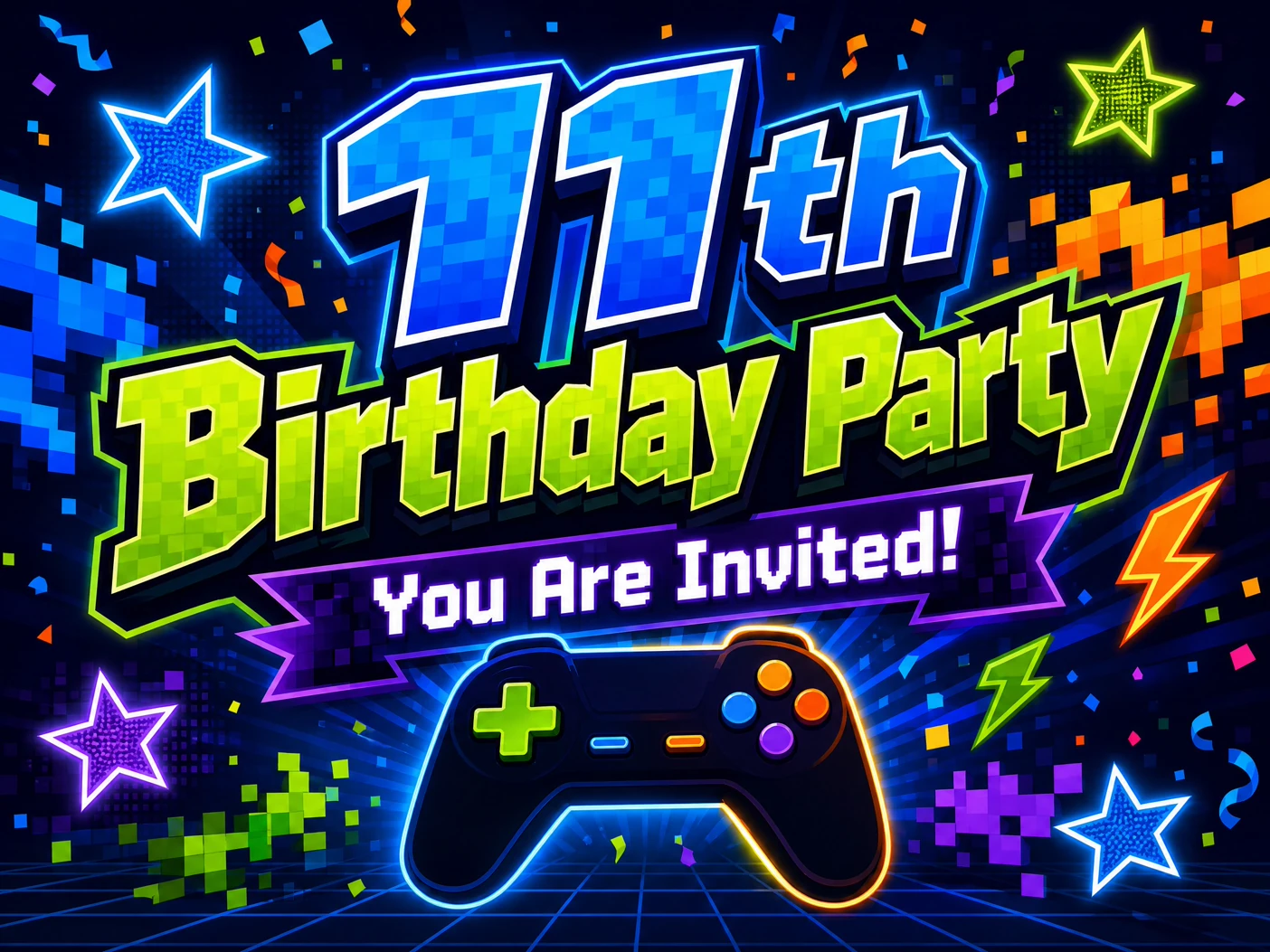 Gamers Party — 11th Birthday, Blue, Green, Video Game, Gaming