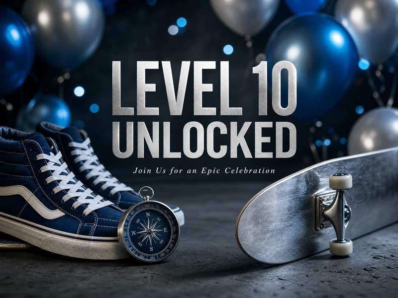 Level 10 Unlocked — 10th Birthday, Skateboard, Compass, Blue