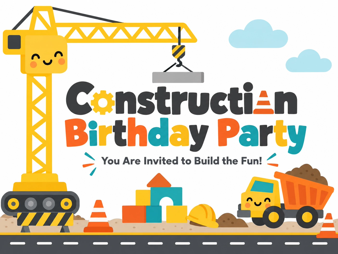 Construction Birthday Party — Construction, Birthday Invitation, Crane, Truck