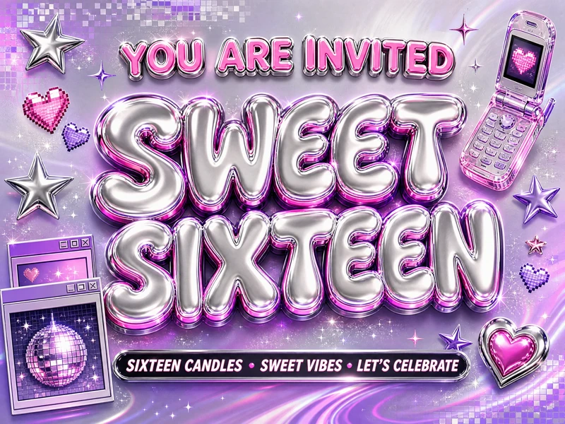 Y2K Sweet 16 Invitation — Sweet 16, Purple and Pink, Disco Ball, Phone, Shiny