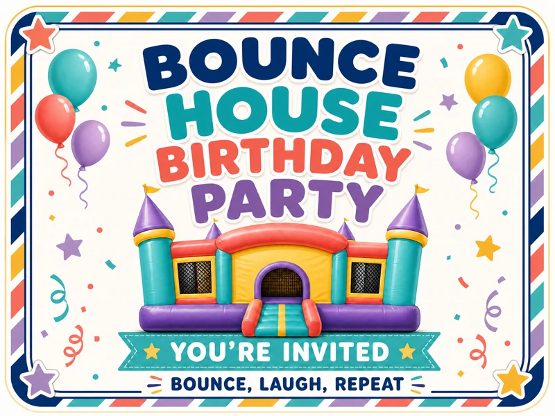 Bounce, Laugh, Repeat — Bounce House Birthday, Balloons, Invitation