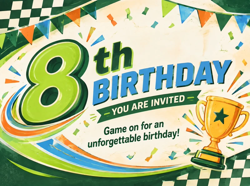 Game On For Unforgettable 8th — 8th Birthday, Sports, Sports Birthday, Green, Trophy