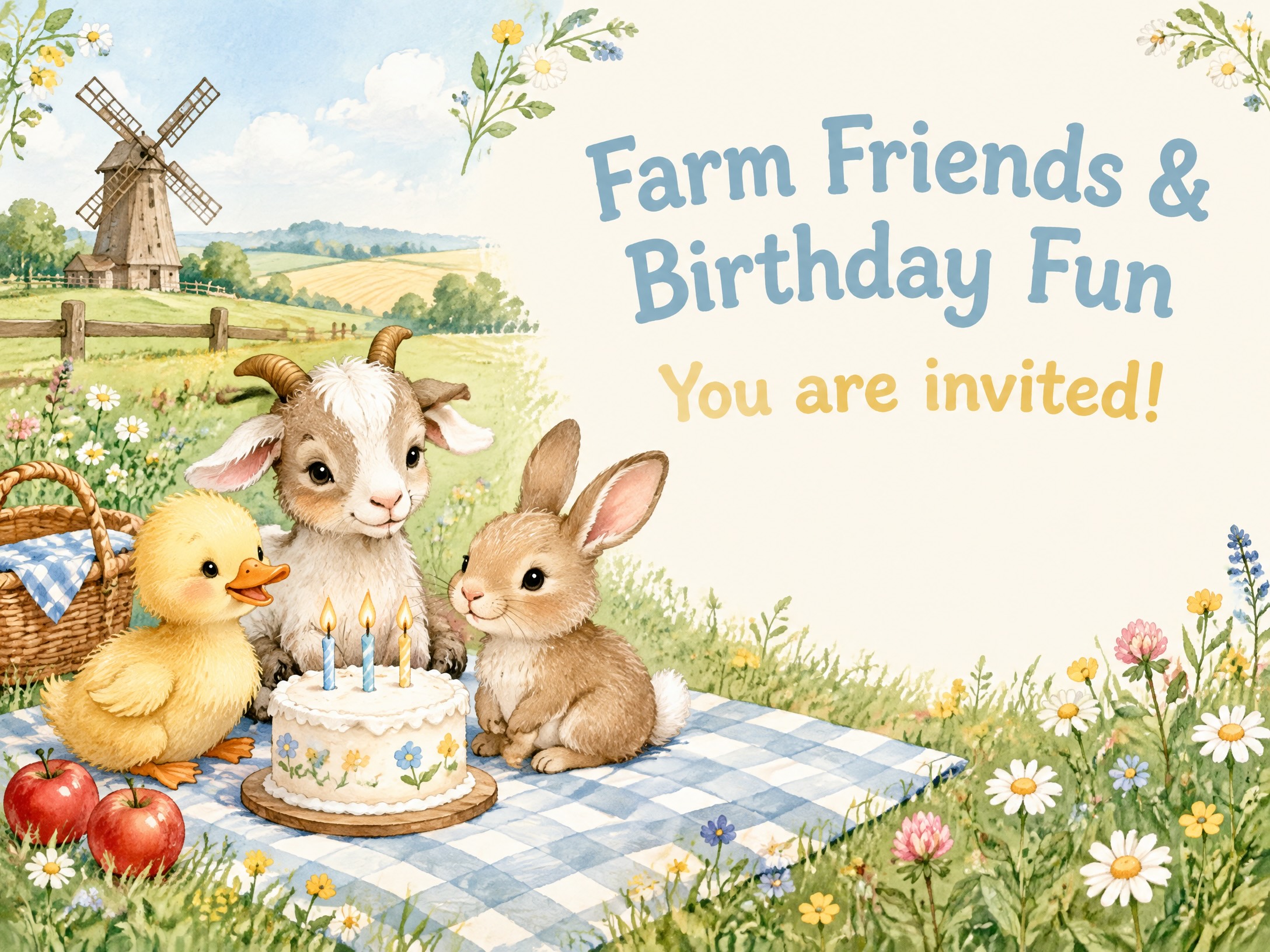 Farm Birthday Fun — Farm, Picnic, Rabbit, Chicken, Goat, Kids Birthday Invite