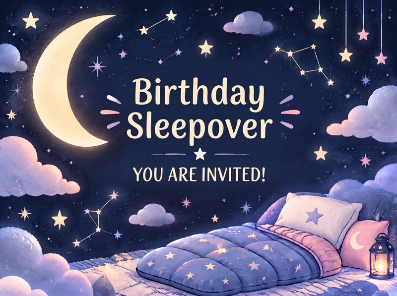 Stay Up Party — Sleepover, Birthday Invitation, Slumber Party, Bed, Night