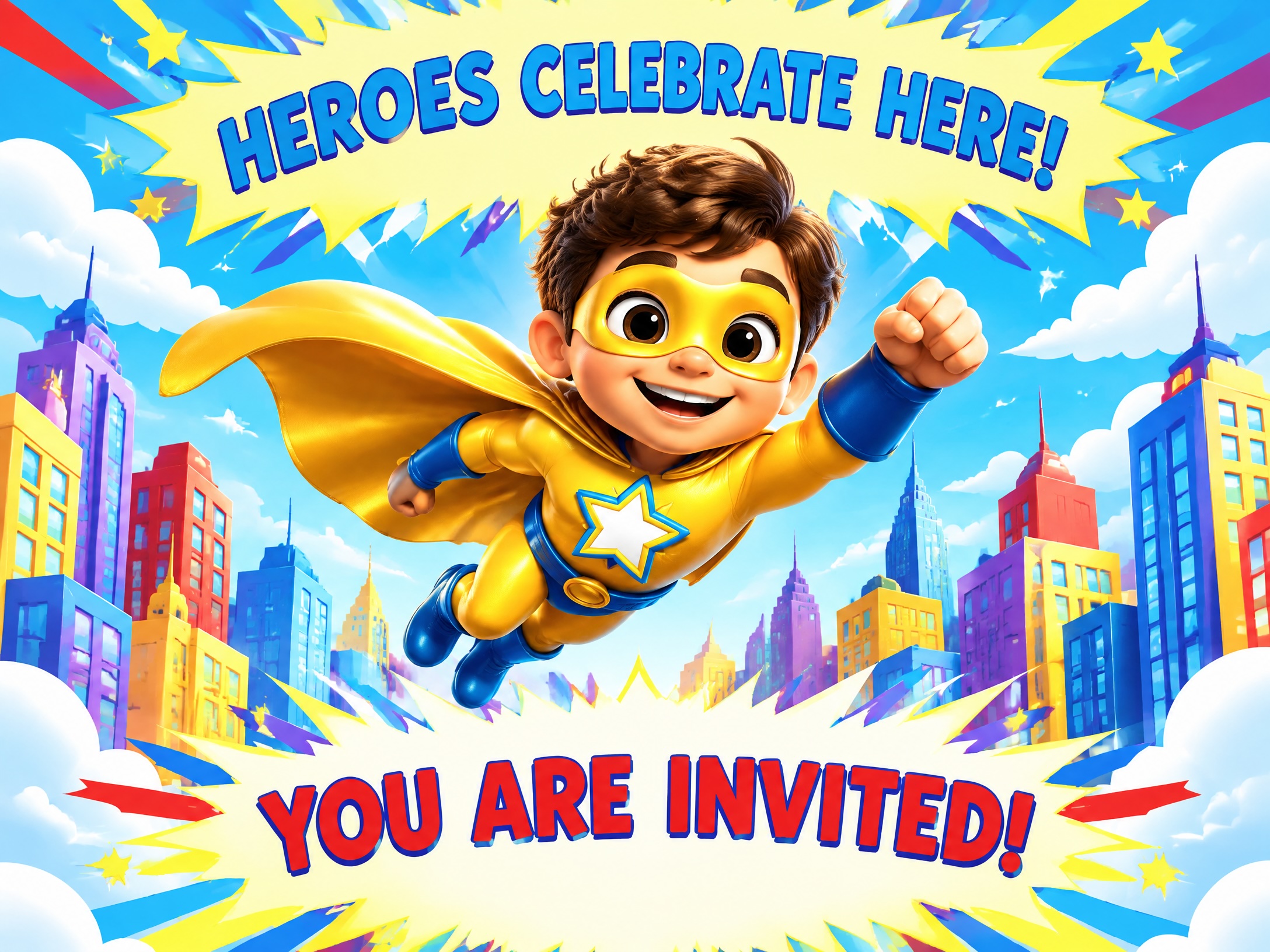 Superheros Celebrate — Superhero Birthday, Flying, Superman, City, Invitation