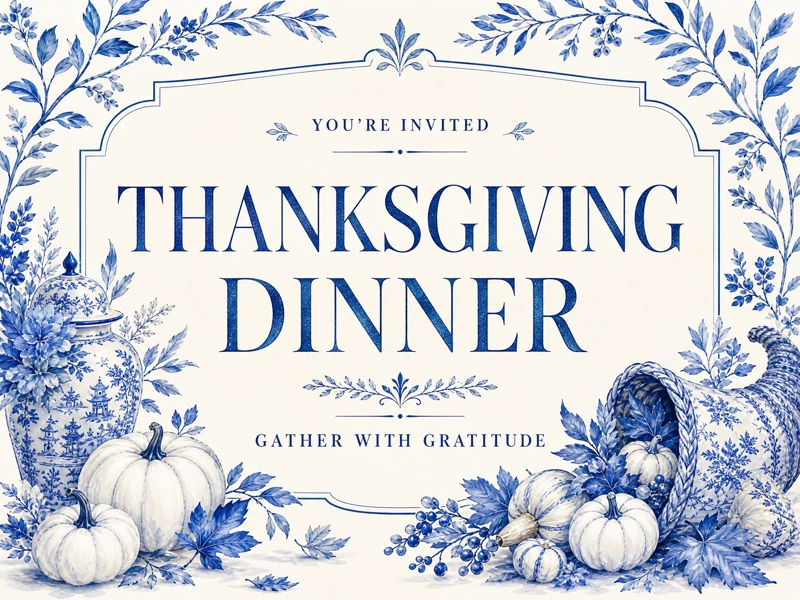 Gather With Gratitude — Thanksgiving, Dinner, Blue And White, Invitation