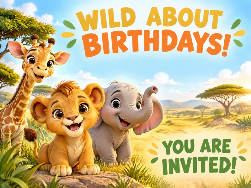 Wild About Birthdays — Safari, Safari Birthday Invitation, Lion, Elephant, Giraffe, Savanna