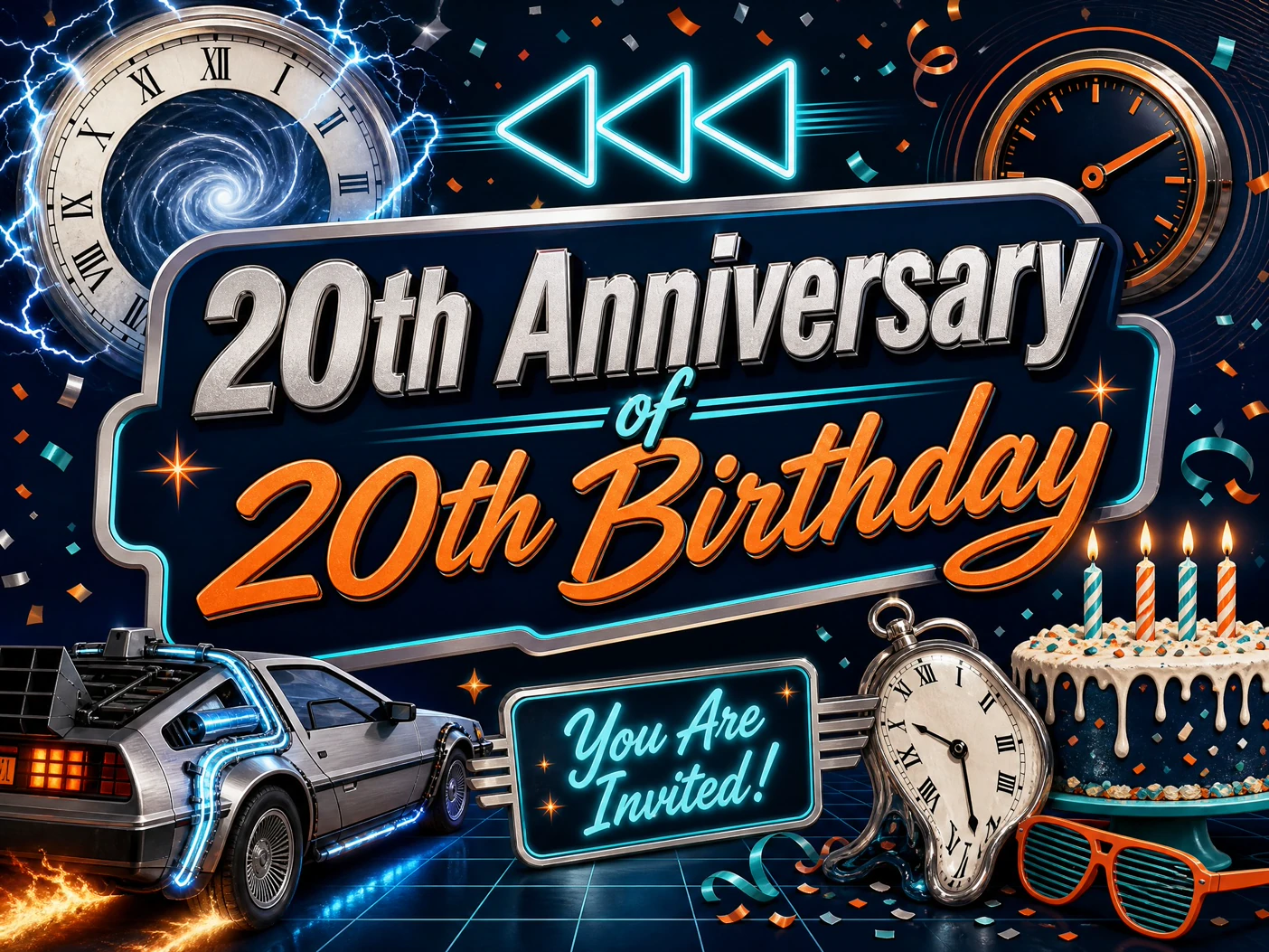 40th Birthday Invite — Funny, 20th Anniversary of 20th Birthday, Delorean, Time Machine, 40th Birthday
