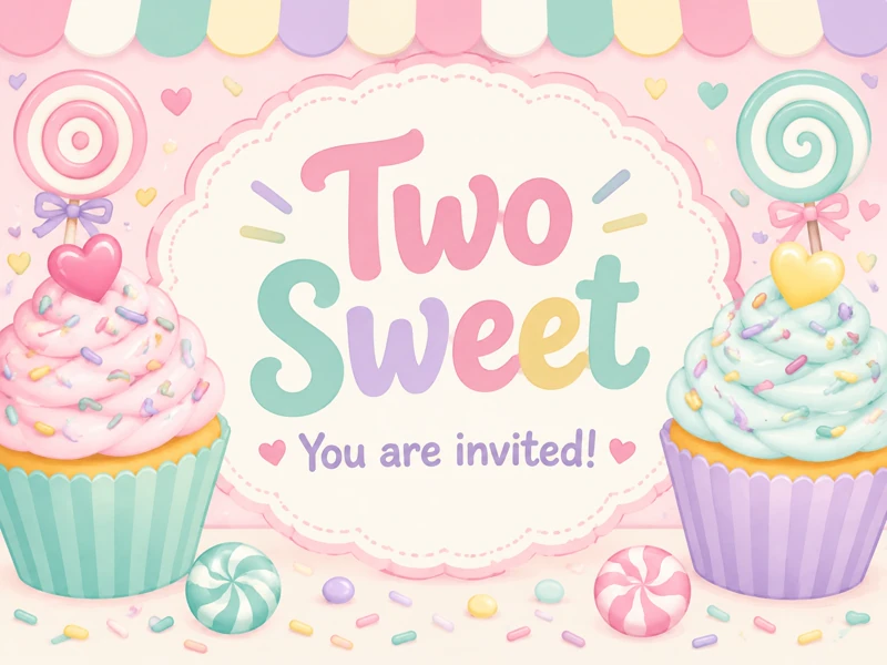 Two Sweet Invitation — 2nd Birthday, Two Sweet, Cupcakes, Pastel Colors