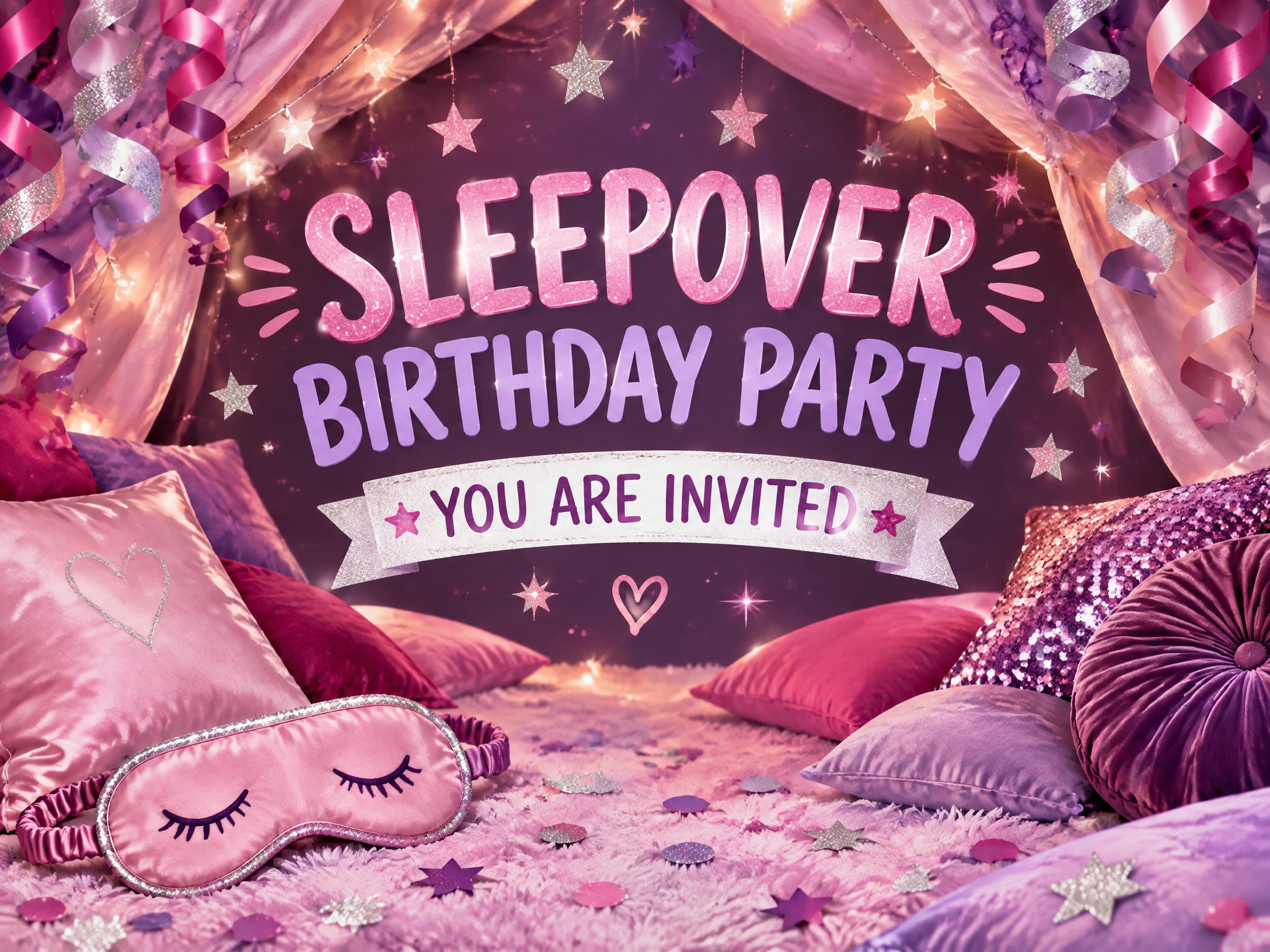 Sleepover Birthday Party — Sleepover, Birthday Invitation, Pink, Sleeping Mask, Pillows