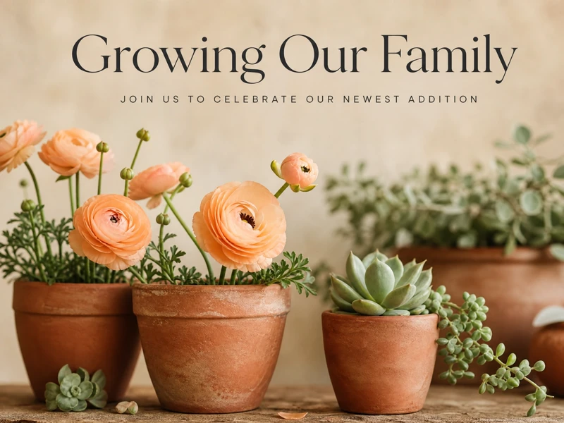 Growing Our Family — Baby Shower, Orange Ranunculus, Flower Pots