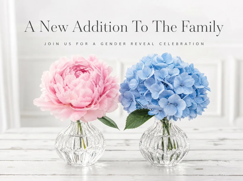 Pink and Blue Flowers — Gender Reveal, Minimalistic, Elegant, Peony, Hydrangea