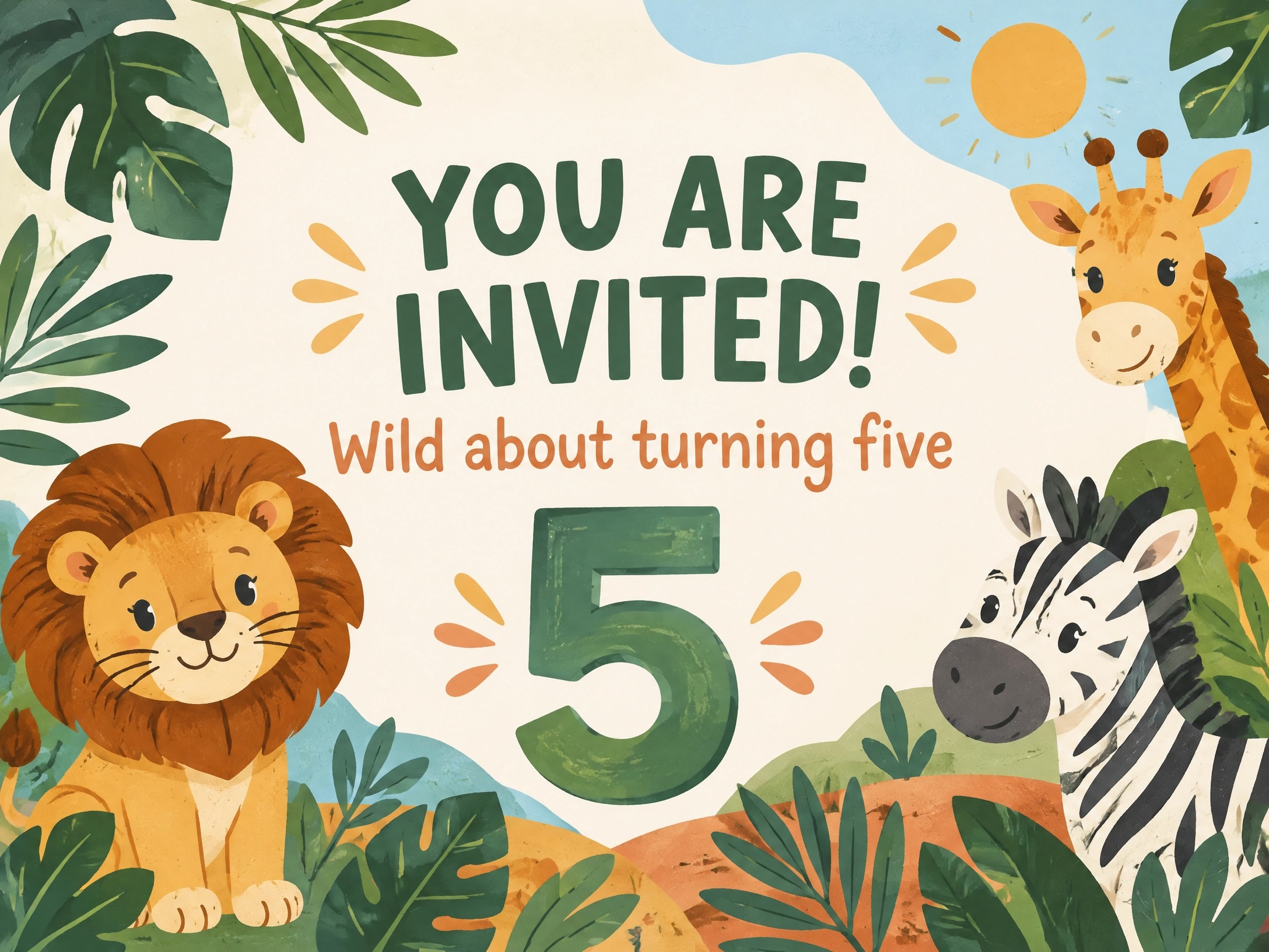 Wild About Turning Five — 5th Birthday, Safari, Animals, Zoo, Lion, Zebra, Giraffe