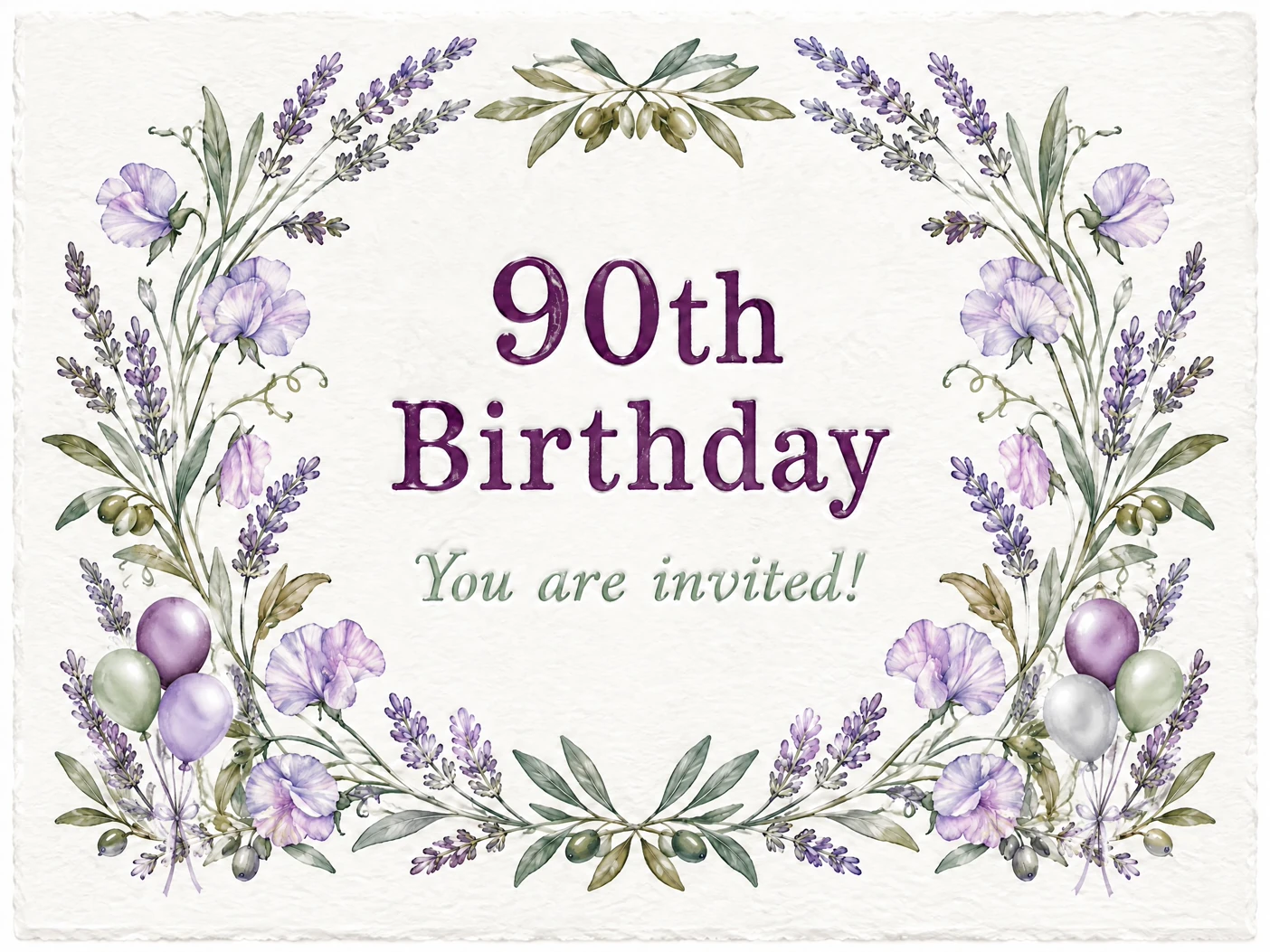 90th Party Awaits — 90th Birthday, Purple Flowers, Floral, Balloons