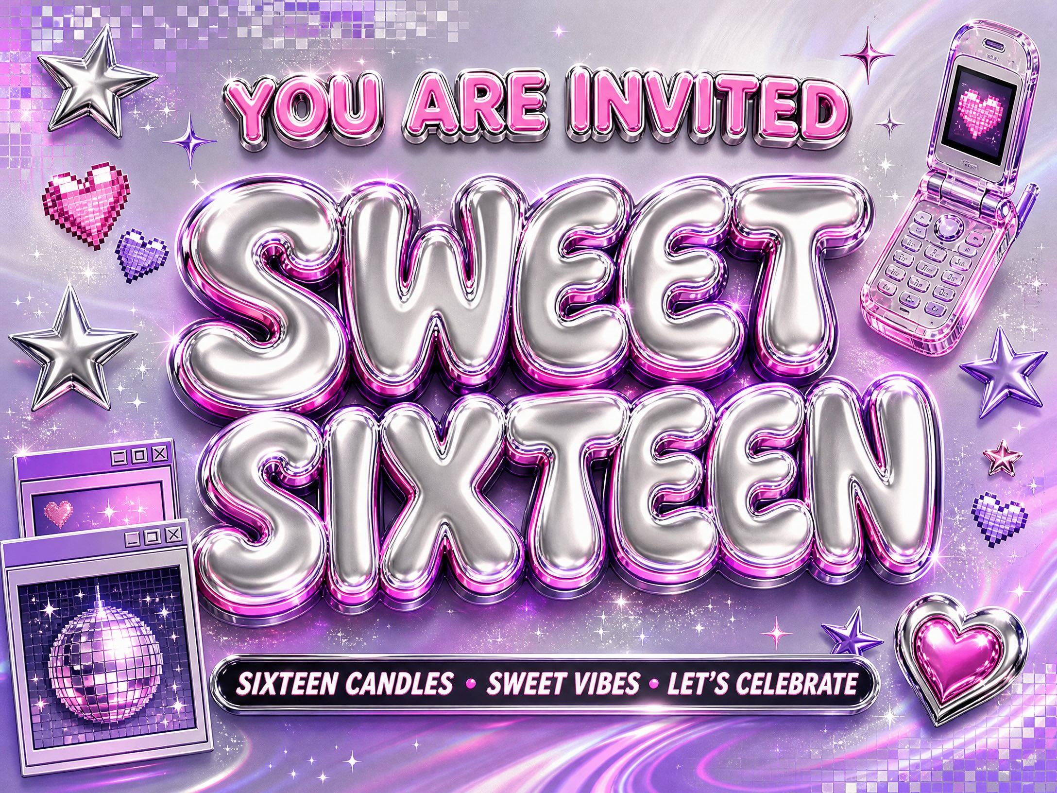 Y2K Sweet 16 Invitation — Sweet 16, Purple and Pink, Disco Ball, Phone, Shiny