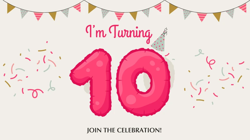 10th Celebration — Pink, 10th Birthday, Party Hat, Confetti