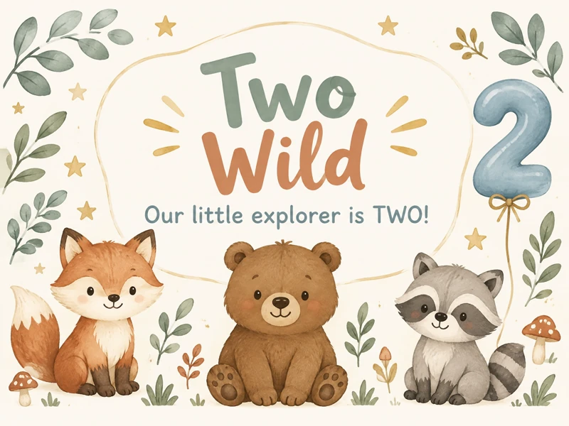 Two Wild Invitation — 2nd Birthday, Second Birthday, Animals, Two Wild, Bear, Fox, Raccoon