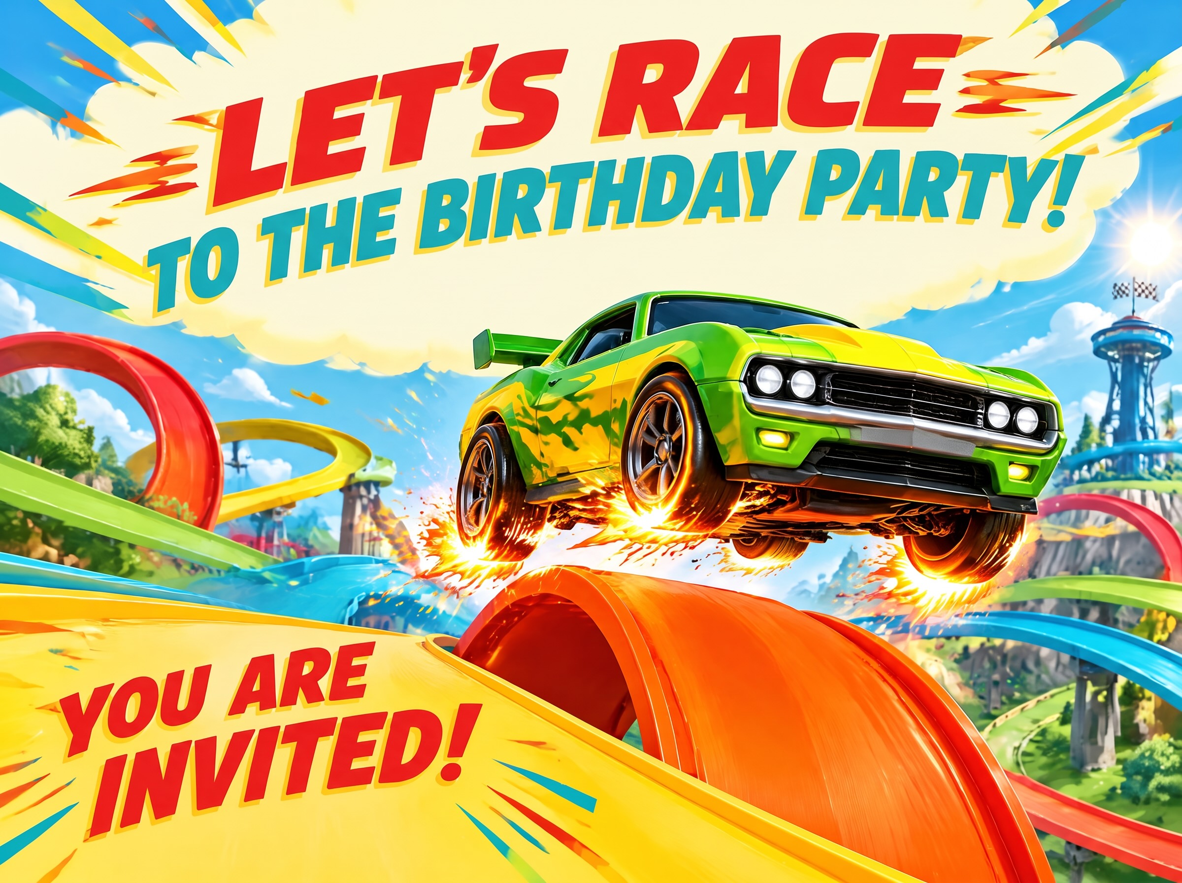 Let's Race To The Birthday Party — Race Car, Green Car, Fire Wheels, Loop Highway, Boys Birthday