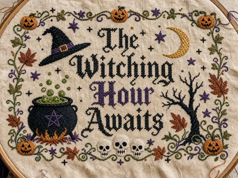 The Witching Hour Awaits — Halloween Party, Witch, Embroidery, Handmade Invite, Cauldron, Hat