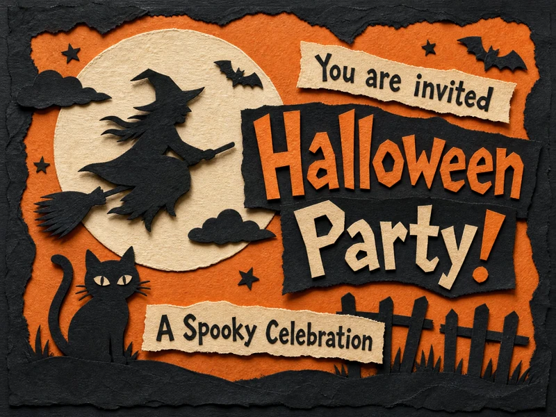 A Spooky Celebration — Halloween Party, Witch, Broom, Handmade, Orange and Black, Bat, Black Cat