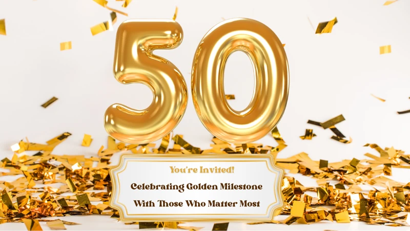 Golden Milestone — Fifty, 50th Birthday, Gold, Confetti