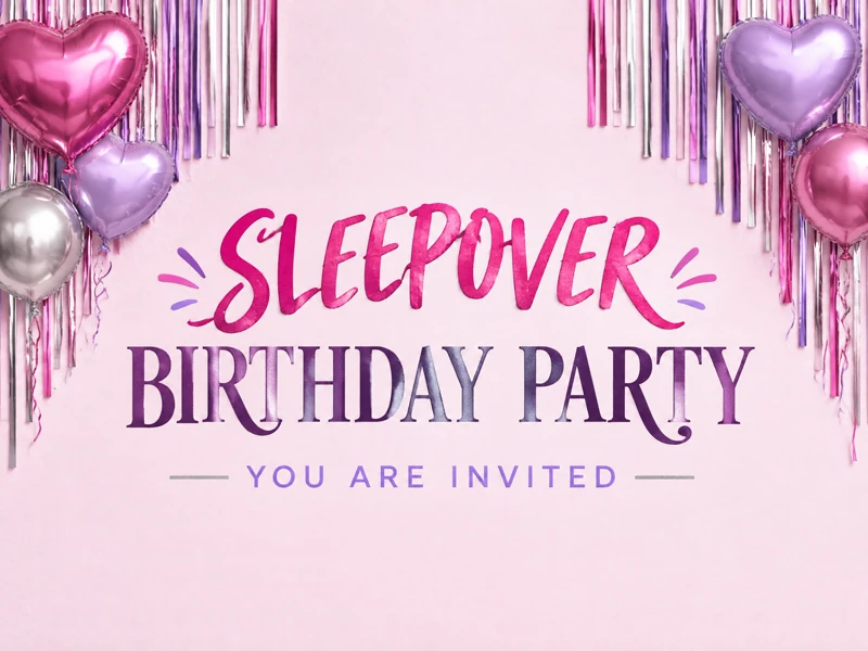 Sleepover Party — Birthday Invitation, Sleepover, Pink, Streamers, Foil Balloons