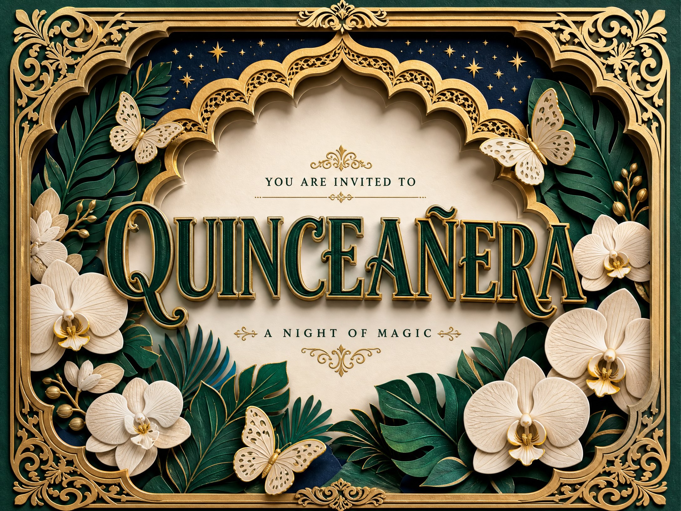Framed in Gold — Quinceanera, 15th, Green, Shadow Box Art, Flowers