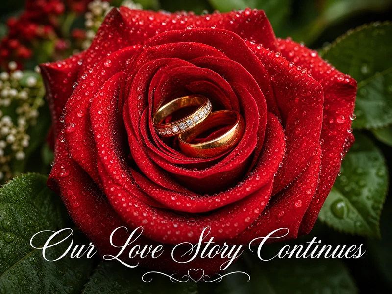Our Love Story Continues — Rose, Wedding Rings, Wedding Invitation