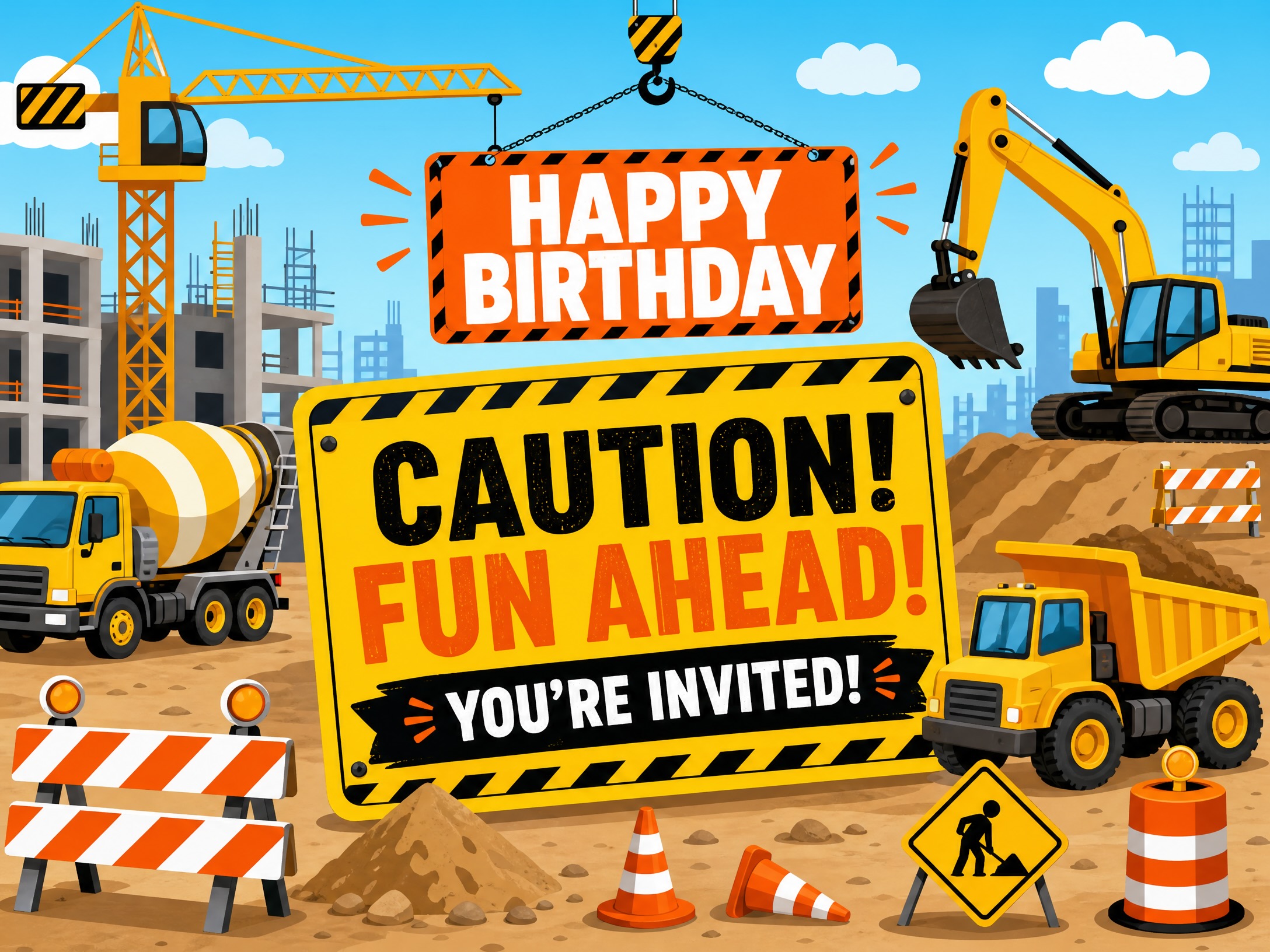 Caution: Fun Ahead — Construction Birthday, Construction Site, Crane, Digger