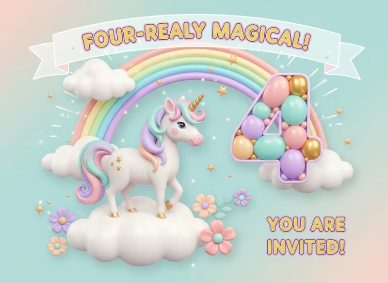 Four-Really Magical — Unicorn Birthday, Rainbow, 4th Birthday, Balloons, Pastel