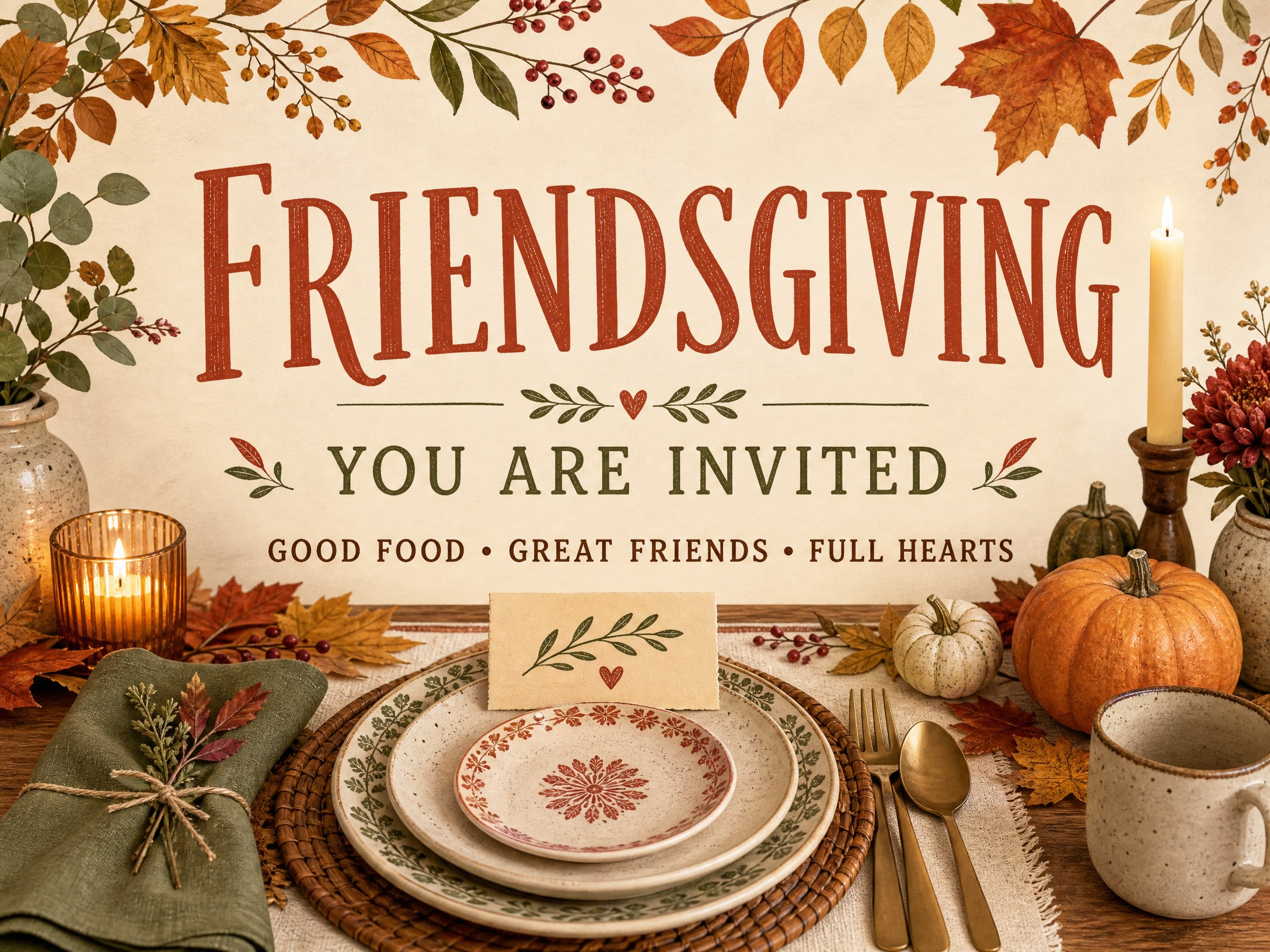 Great Friends, Full Hearts — Friendsgiving, Thanksgiving, Dinner, Pumpkin