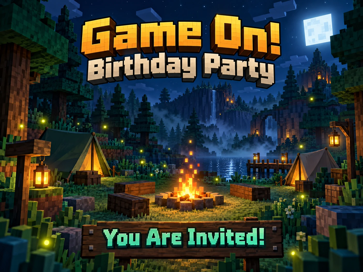 Video Game Party — Video Game, Birthday Invitation, Night In The Forest, Forest