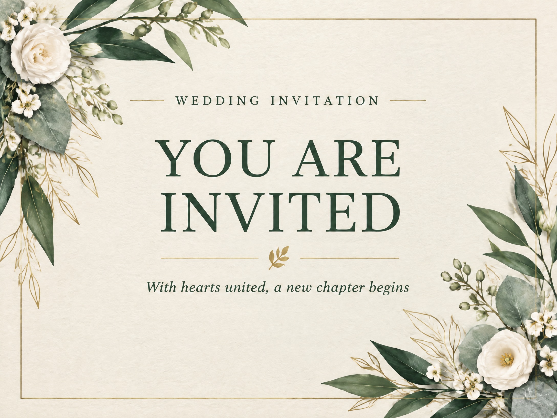 With Hearts United — Wedding Invitation, Green, White, Floral, Flowers, Paper