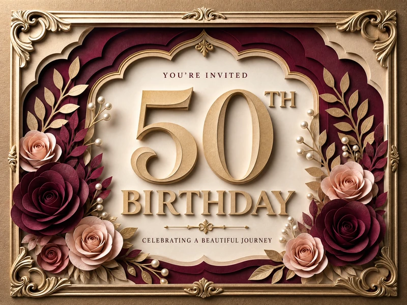 50 With Charm — 50th Birthday, Shadow Box Art, Floral, Burgundy, Gold