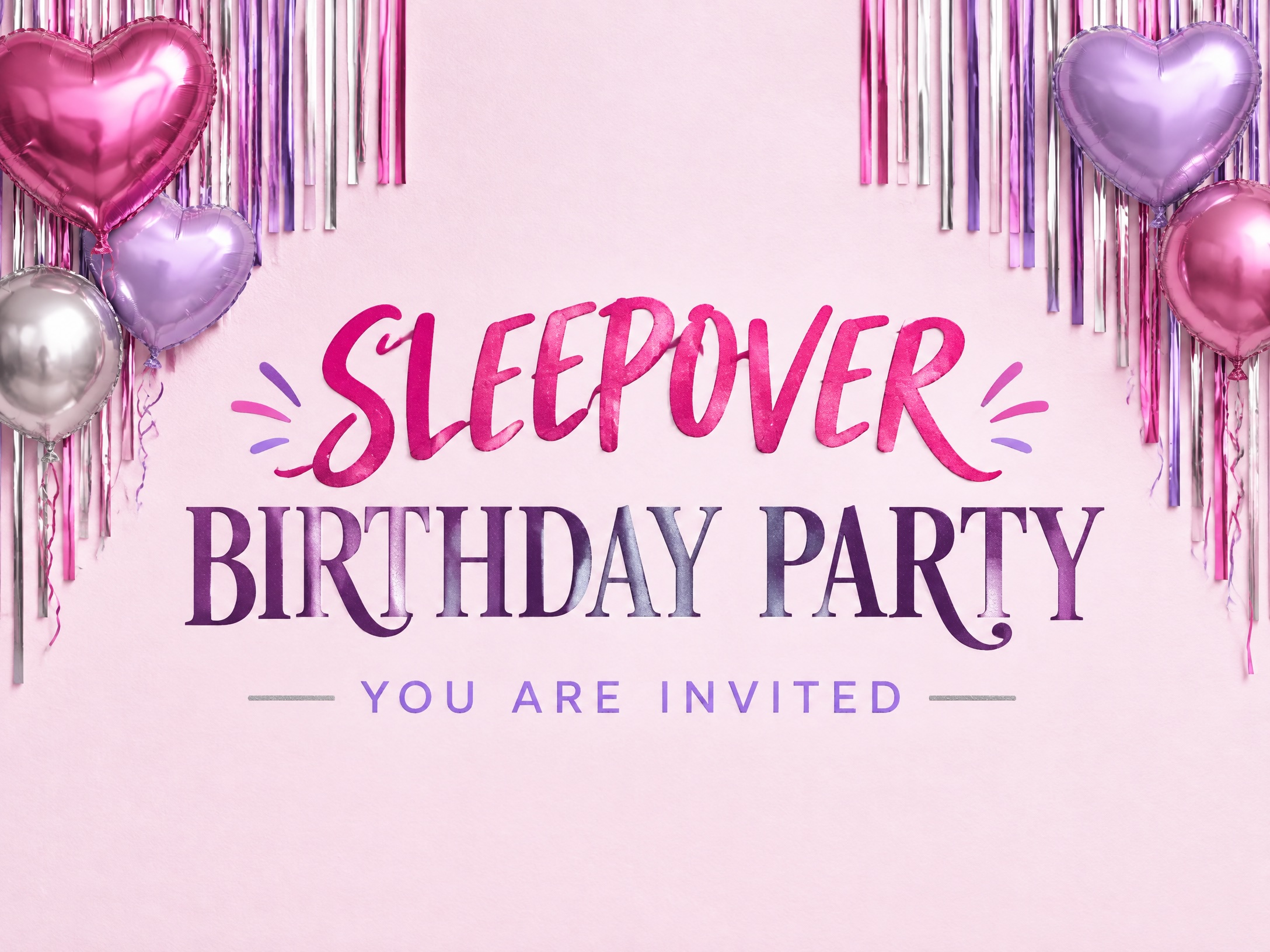 Sleepover Party — Birthday Invitation, Sleepover, Pink, Streamers, Foil Balloons