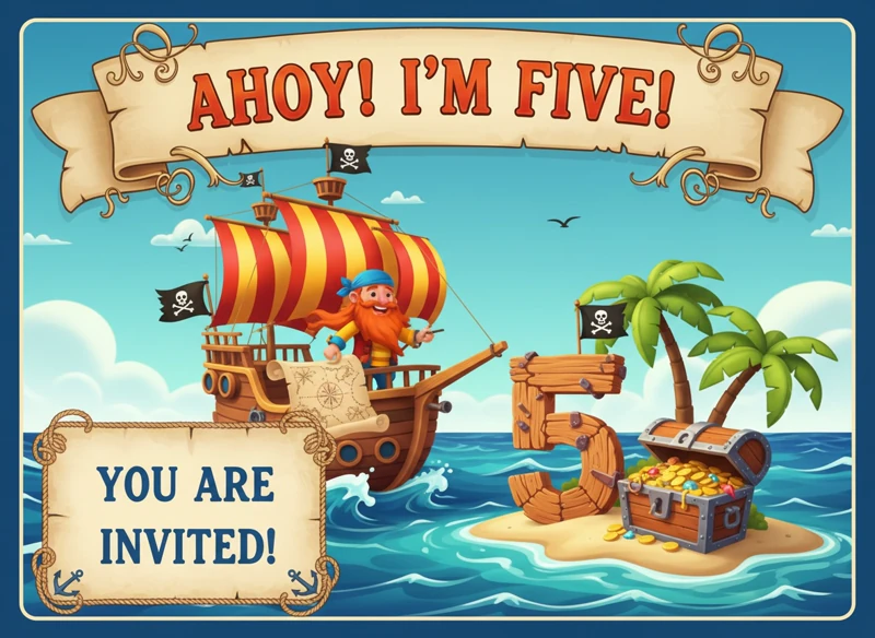Ahoy! I'm Five — 5th Birthday, Pirate Birthday, Sea, Boat, Island, Treasure